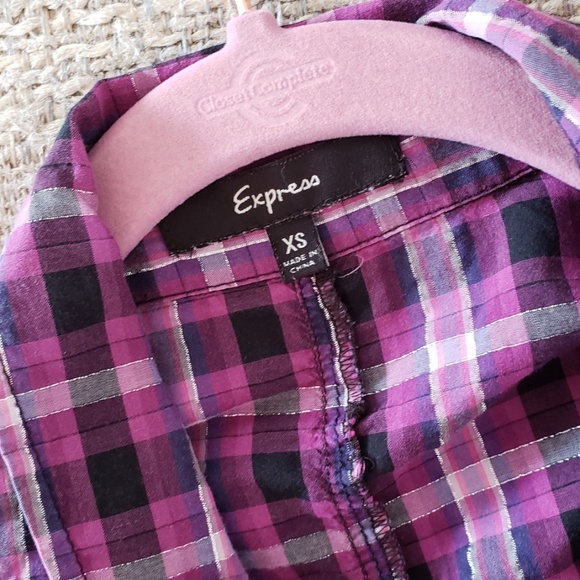EXPRESS Cute Dark Purple Pink Khaki Button Shirt - Picture 6 of 7